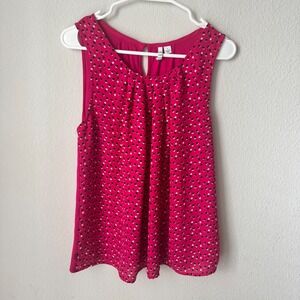 Elle Womens Pink Polka Dot Sleeveless Pleated Scoop Neck Blouse Large